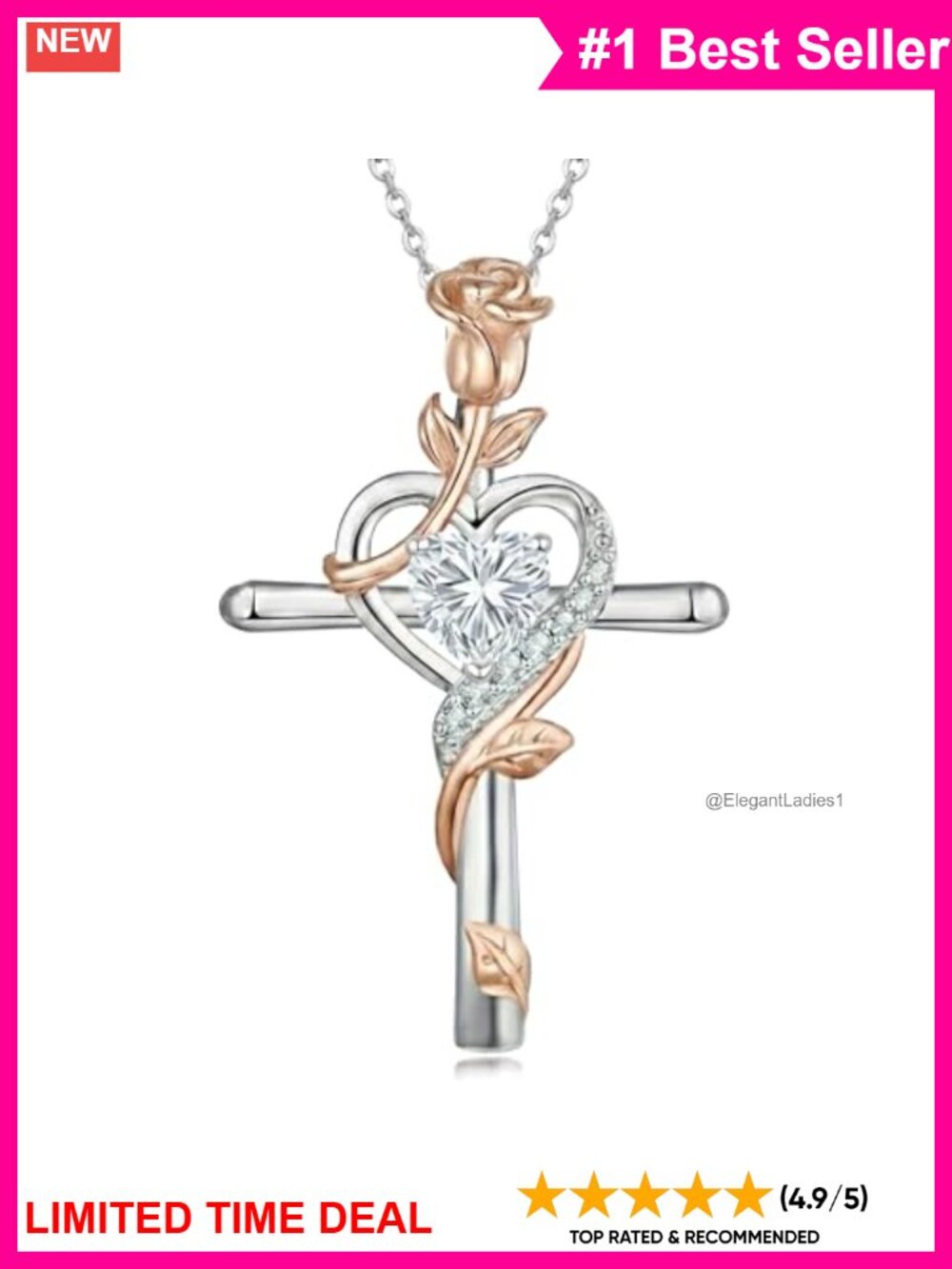 CZ Heart Cut Cross Pendant Necklace Rose Vine Adjustable Women's Gift